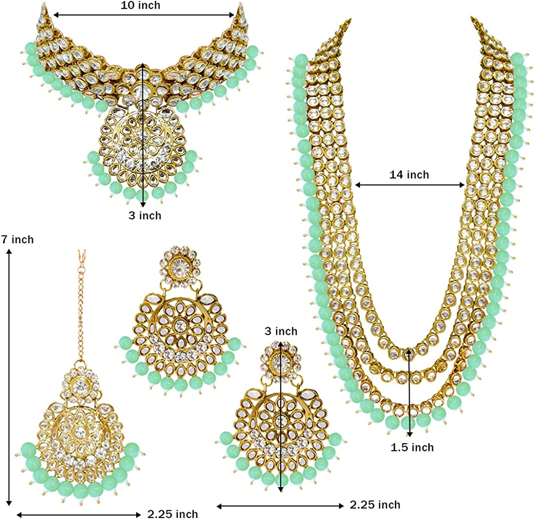 Aheli Indian Wedding Kundan Beaded Bridal Long Choker Necklace Earrings with Maang Tikka Traditional Jewellery Set for Women - Image 4